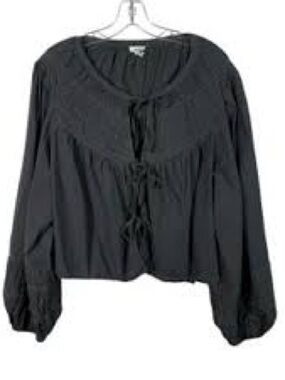 aerie Blackish Tie-Front Peasant Blouse